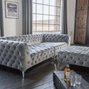 KAWOLA Set Big Sofa und Polsterhocker NARLA Velvet silber