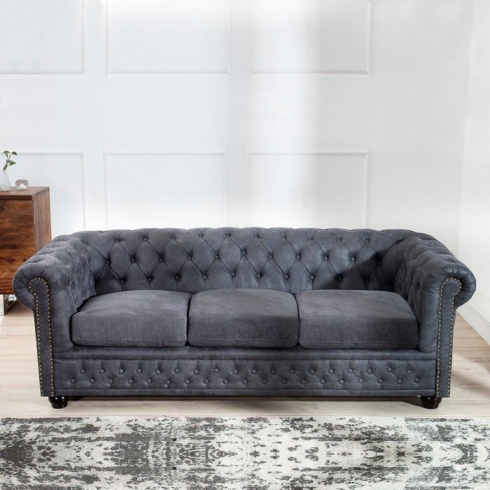 3er Sofa WINCHESTER Grau im klassisch englischen Chesterfield-Stil